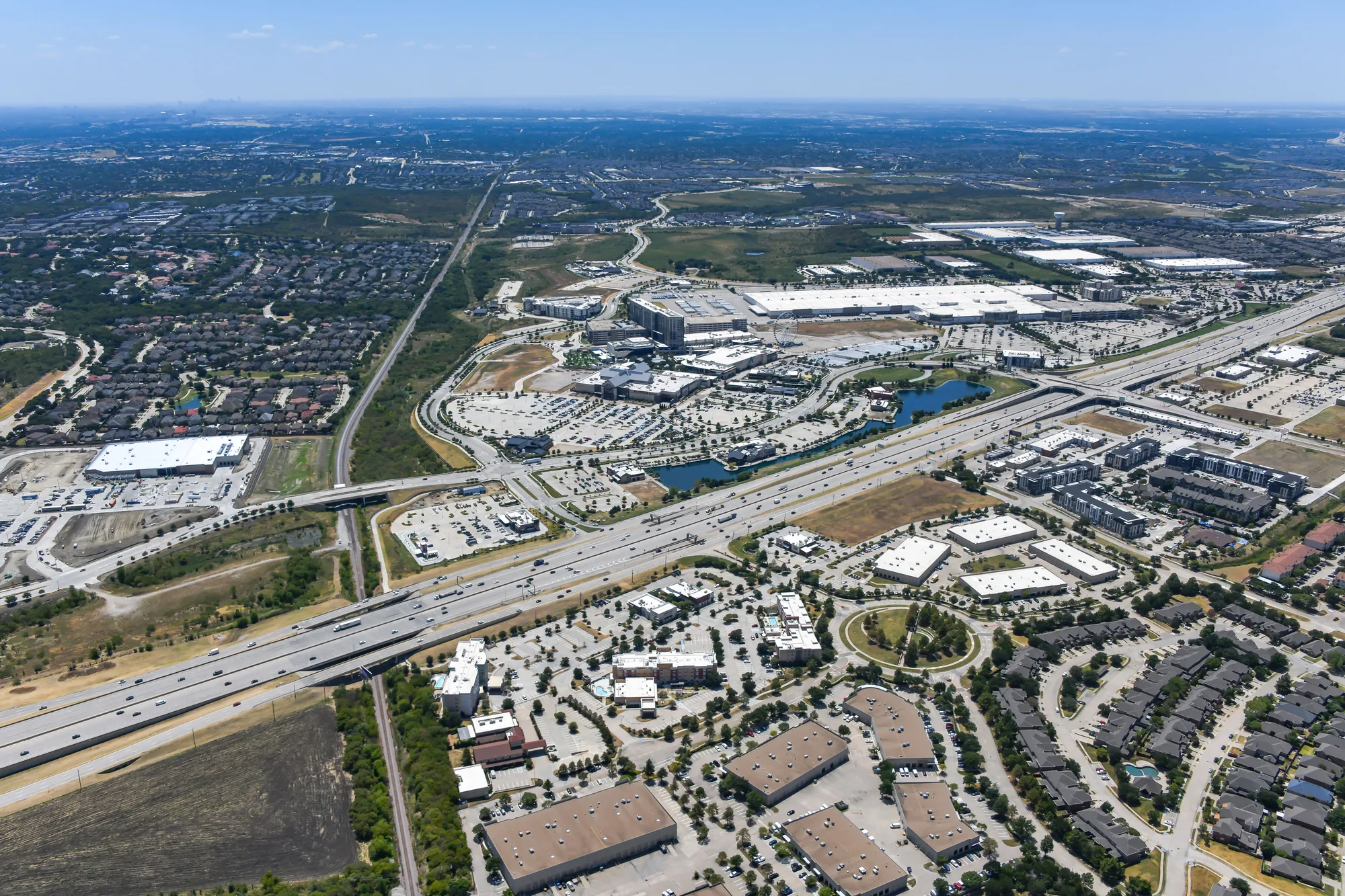Aerial view of Grandscape and the Portfolio across State Highway 121